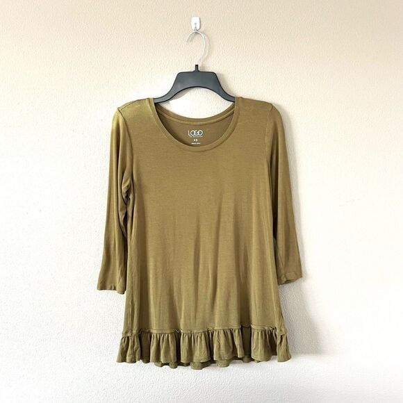 LOGO by Lori Goldstein Olive Green Ruffle Hem Top - Picture 1 of 6